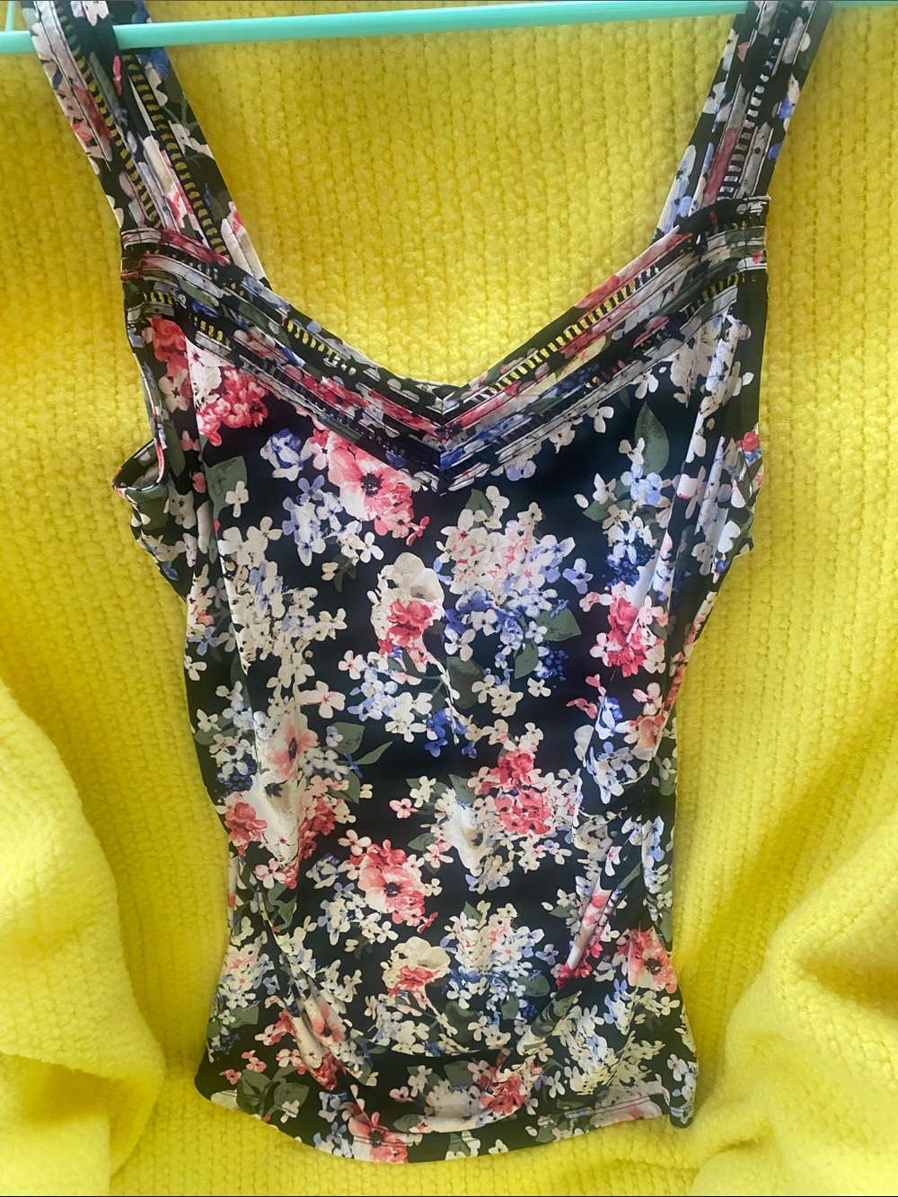 White House Black Market Black Floral Camisole with Pink & Blue Flowers Fairy